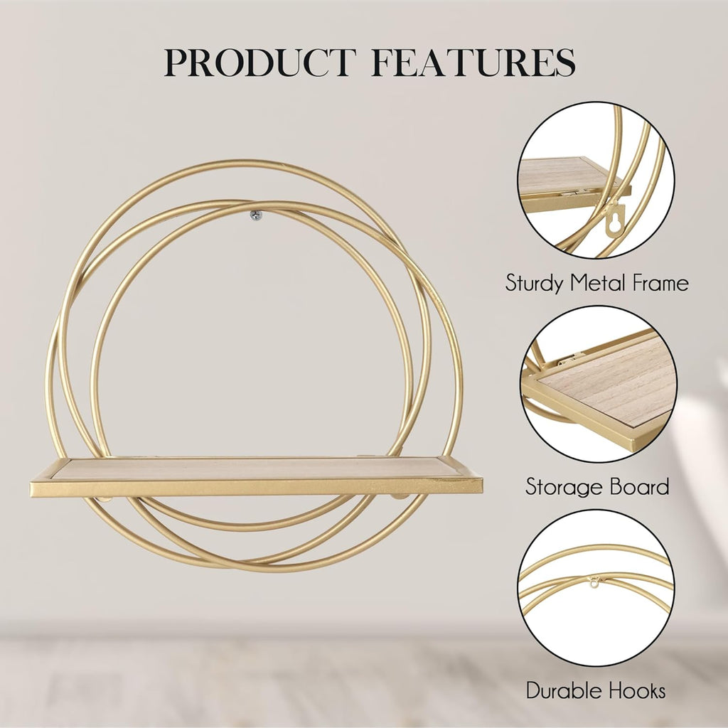Oakrain Small Floating Shelves Set of 2, Wall Mounted Hanging Shelf with Gold Metal and Wood, Round Wall Shelves for Storage, Living Room Decor, Bathroom, Kitchen, Bedroom, Office